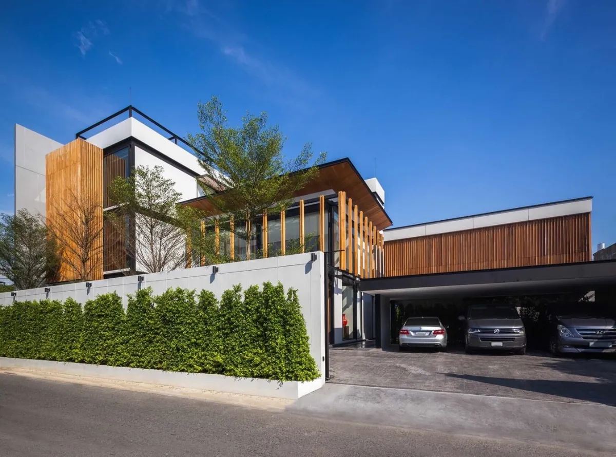 Architectural louvers with slim frame windows structure glazing and HPL exterior