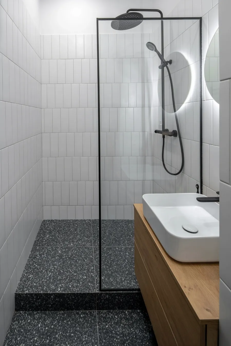 Open walk-in shower glass partition India planning