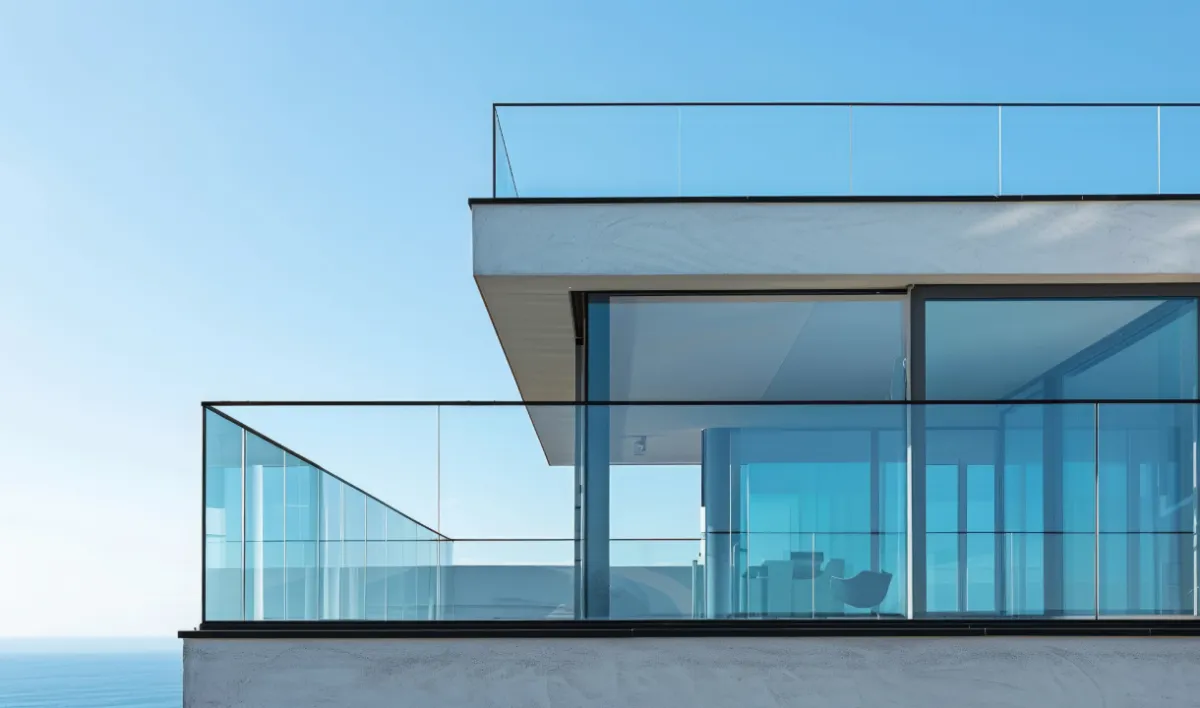 Terrace glass railing with slim aluminium profile and base rail