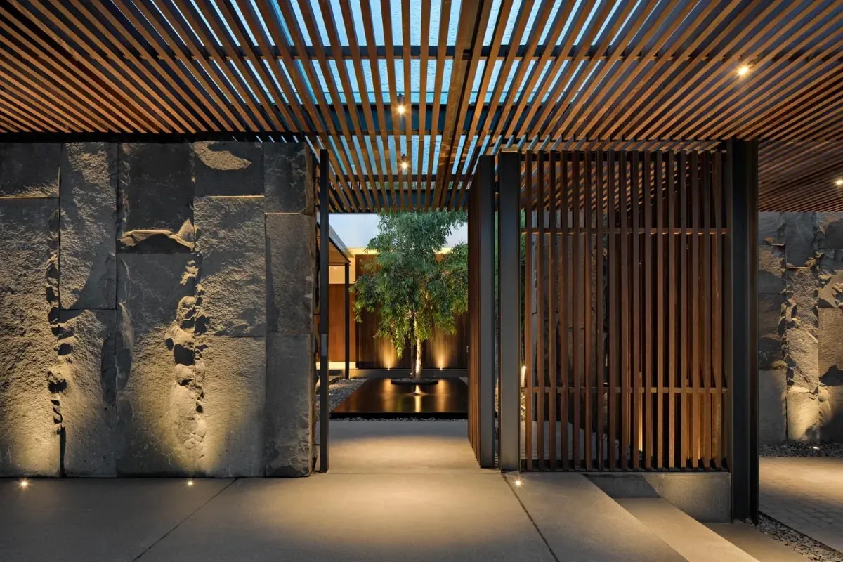 Luxury villa ceiling rafters — aluminium louvers