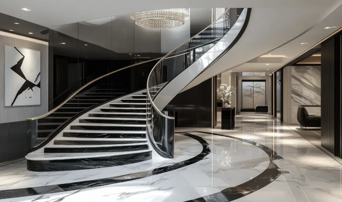 Interior staircase glass railing with slim profile and base rail