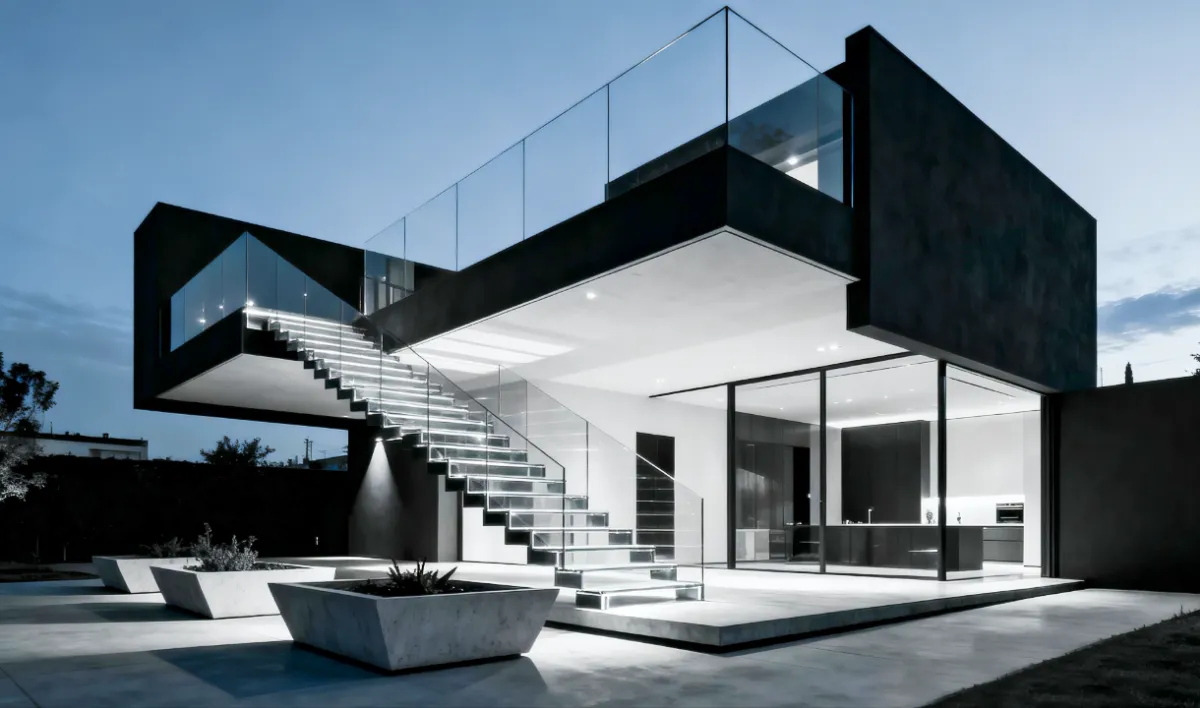 Outdoor staircase glass railing with slim profile
